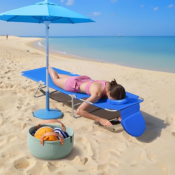 WLIVE Beach Lounge Chair for Adults 4-Position Folding Tanning Chairs with Face Hole 2 Legs Support Portable Outdoor Chair for Beach Pool Blue