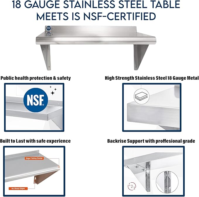 NSF Certified 18 Gauge Heavy Duty Stainless Steel Wall Shelf with Brackets for Kitchens Utility Rooms Storage Offices &amp Home (24x6)