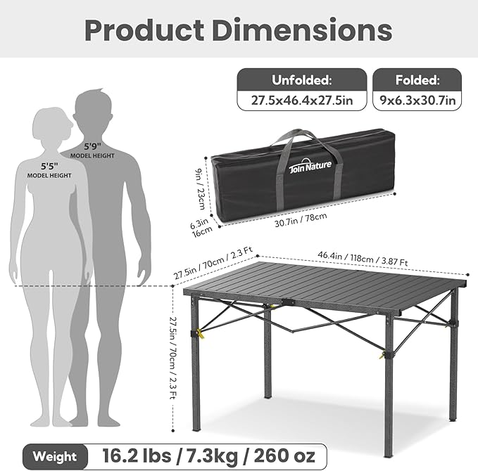 Portable Outdoor Camping Table Large for 2-6 Person - Foldable Camp Table with Aluminum Roll-Up Top &amp Carry Bag for BBQ Tailgating Backyard 220 Lbs Capacity Stable &amp Sturdy (Black)