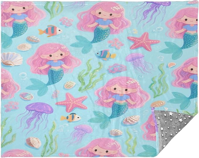 Throw Over Blanket Cute and Cartoonish Pink Mermaid Jellyfish Blanket Throw 50x70 Inches