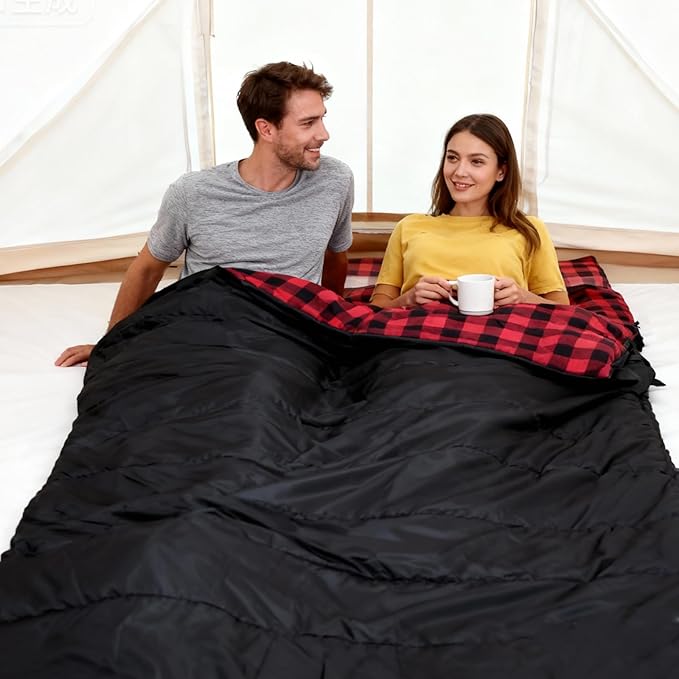 Double Sleeping Bag Cotton Flannel for Camping Backpacking Or Hiking. Queen Size 2 Person Waterproof Sleeping Bag for Adults Or Teens. Lightweight with Compression Sack