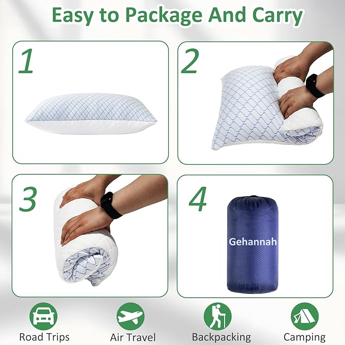 Gehannah Travel Pillow - Large 2 Pack Compressible Camping Pillow for Sleeping - Shredded Memory Foam with 2 Storage Bags - Supportive for Adults Kids Outdoor Backpacking Hiking Gear