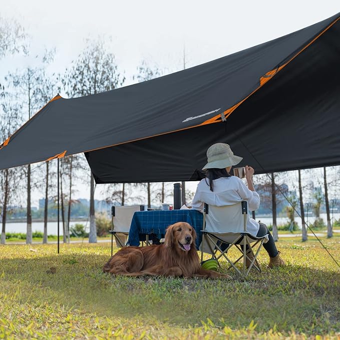 Bessport Camping Tarp 16×9.8FT with 2 Poles Lightweight Car Awning Sunshade Portable Multifunctional Backpacking PU 3000mm Waterproof Rain Fly Hammock Tarp for OutdoorTraveling Hilking