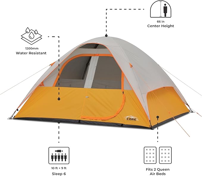 CORE Tent for Family Camping Hiking and Backpacking | 3 Person / 4 Person / 6 Person / 9 Person Person Dome Camp Tents with Included Tent Gear Loft for Outdoor Accessories