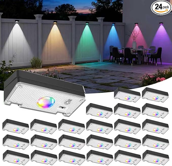 Solar Fence Lights10 RGB Color Changing ModesSolar Lights Powered Waterproof IP6530 Hours RuntimeEasy Installation for FenceGardenYardPatioPoolPorchHoliday Decor(24P)