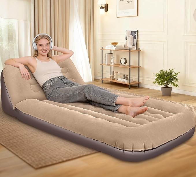 Luxfero Inflatable Couch for Camping Air Mattress with Adjustable Backrest Blow Up Couch for Adults with Flocked Surface Portable Inflatable Lounge Chair Air Sofa Bed for Indoor/Outdoor-No Pump