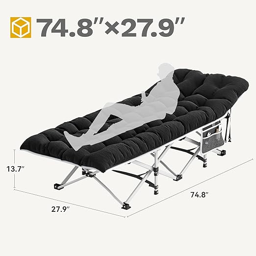 DWVO 2PCS Camping Cots Portable Recliner Lounge Chair w/Mattress Outdoor Folding Cot Heavy Duty 575 LB Capacity 1200D Oxford w/Carry Bag Travel Camp Bed for Camping Office Traveling Black