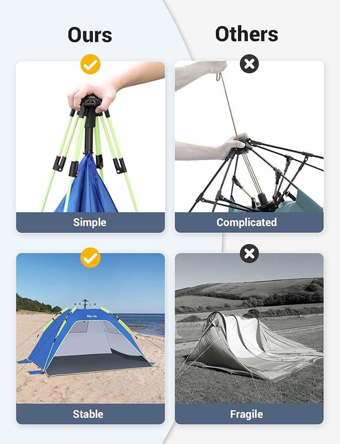 Glymnis Pop Up Beach Tent Sun Shade Shelter for 3-4 Person with UPF 50+ Lightweight &amp Easy Setup Vent Windows &amp Zippered Door Extended Floor Family Instant Beach Tent
