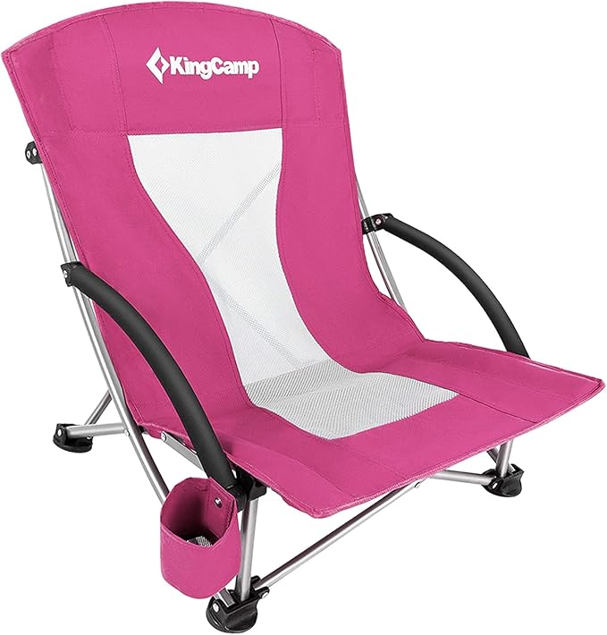 KingCamp Low Beach Chair Folding Portable Lightweight Backpack Chair for Adults with Cup Holder Pocket Carry Bag for Outdoor Camping Concert Festival Travel Sports Lawn Sand Rose
