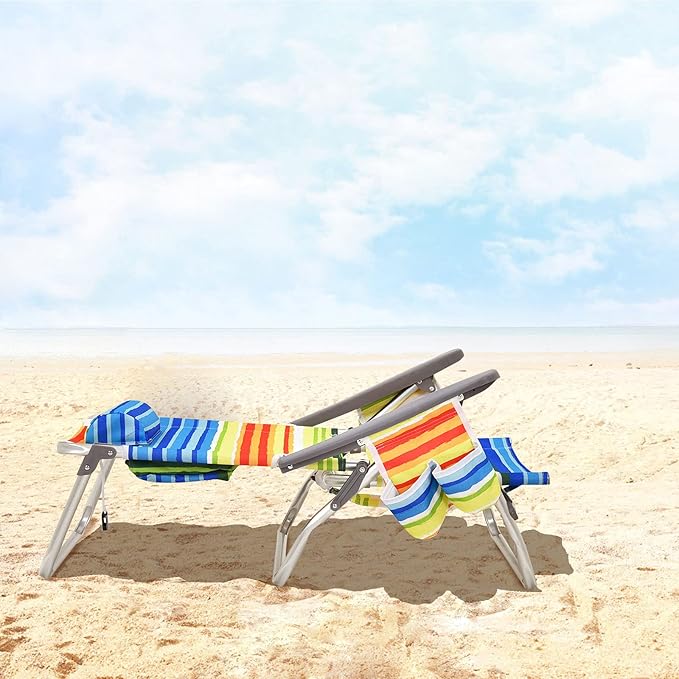 Giantex Folding Beach Chair Patio Sling Chairs with 5 Adjustable Position Head Pillow Storage Bag Towel Bar Cup Holders Backpack Chairs for Sunbathing Camping Chair