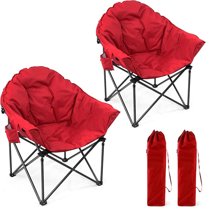 LET'S CAMP Heavy-Duty Oversize Camping Chair Round Moon Saucer Chair Padded with Cup Holder and Carry Bag Folding Chair2 PackRed