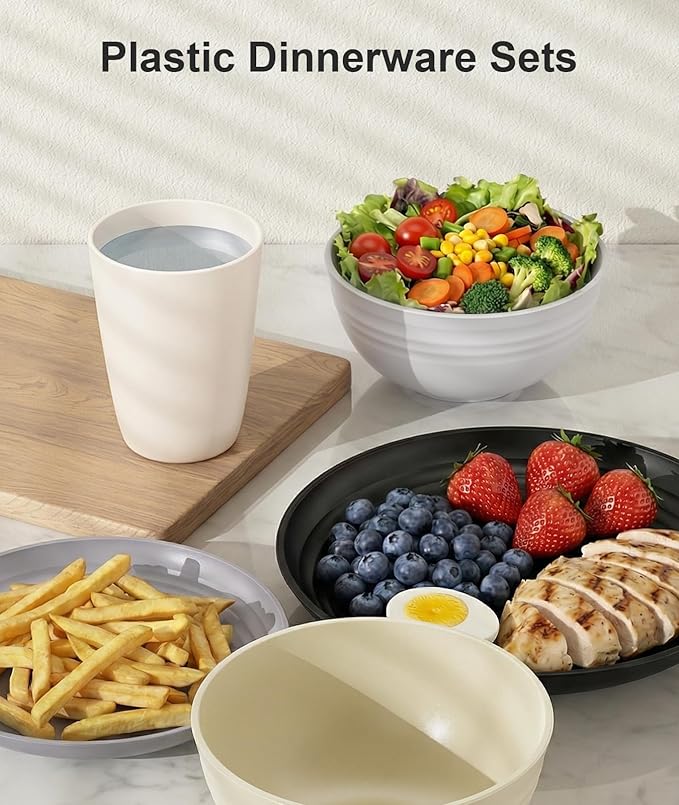 Quatish 20 Piece Plates and Bowls Sets for 5 Unbreakable Dinnerware Sets Plastic Dish Set for Camping Dishwasher Microwave Safe Outdoor Kitchen and Apartment Dinning RV Essentials Grey