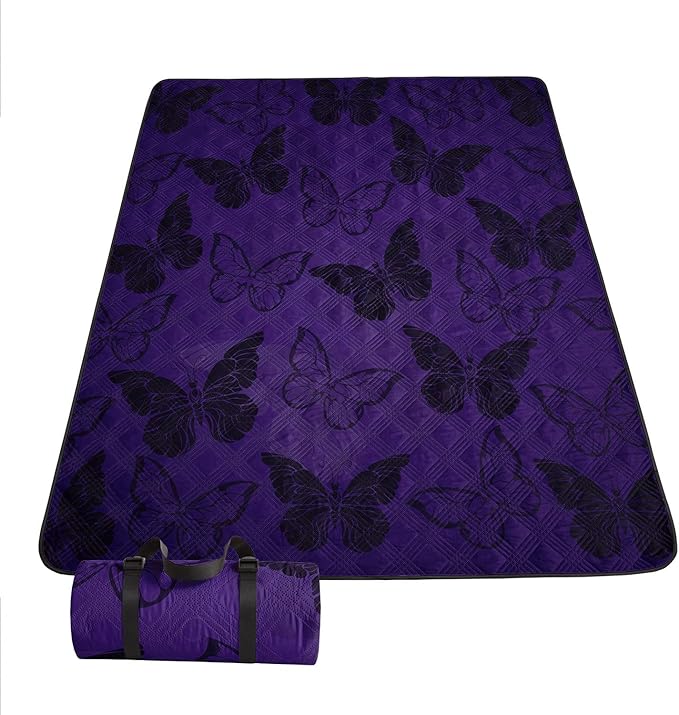Outdoor Picnic Blanket Portable Ultrasonic Waterproof Picnic Cartoon Black Butterfly Printed Camping Beach Mat for Sand and Wet Grass Hiking (Black Butterfly S