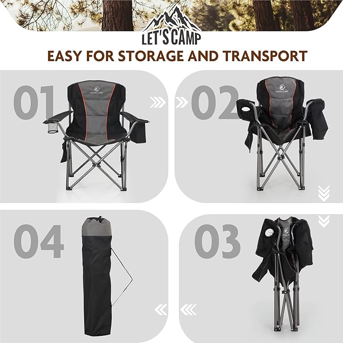 ALPHA CAMP Folding Camping Chair Oversized Heavy Duty Padded Outdoor Chair with Cup Holder Storage and Cooler Bag 450 LBS Weight Capacity Thicken 600D Oxford Black