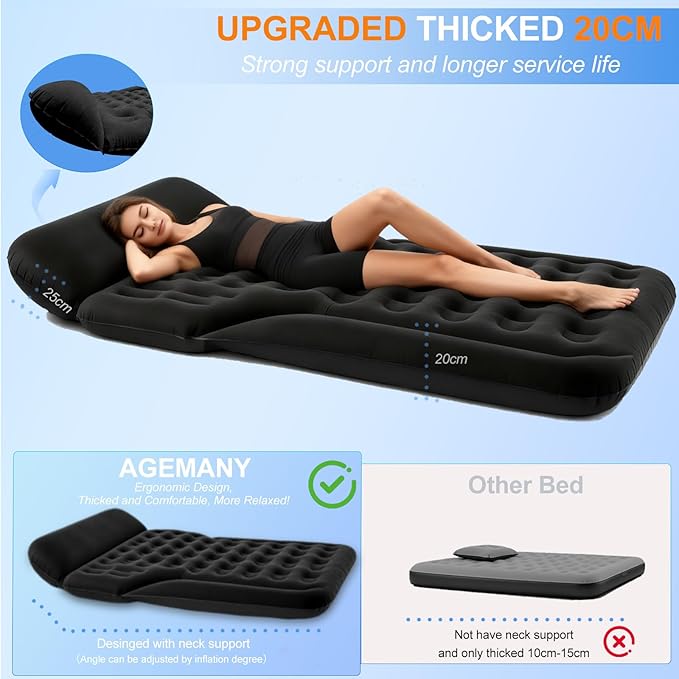 Car Air Mattress - Full Size SUV mattress Inflatable Camping Bed for Cars VAN Truck Trunk 4.6x6 ft Universal Car Airbed Thicked 20cm Foldable Soft Sleeping Mat for Travel Roadtrip Tent Home Black