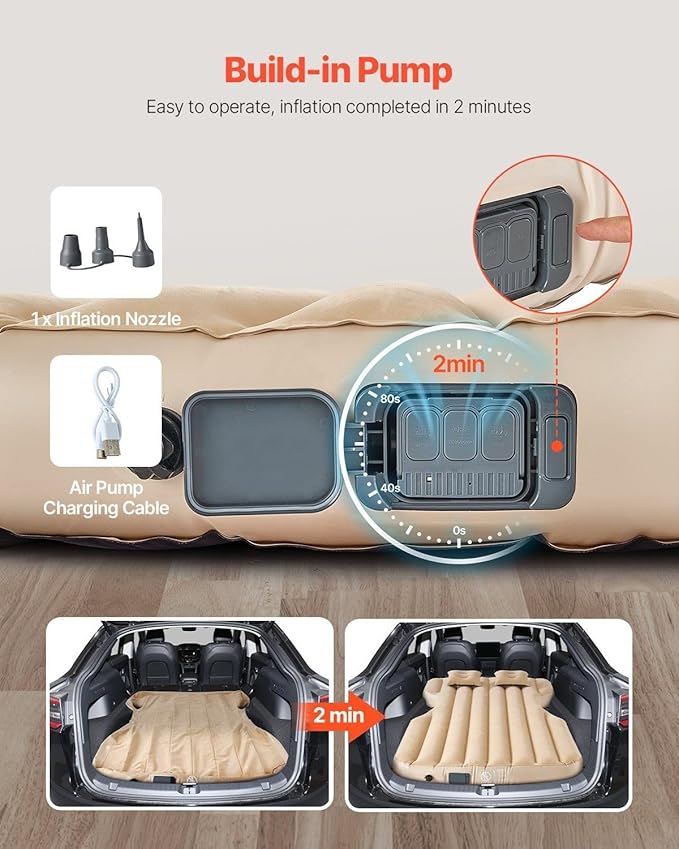 Car Air Mattress Inflatable Car Camping Travel Bed Sleeping Pad Built in Pump