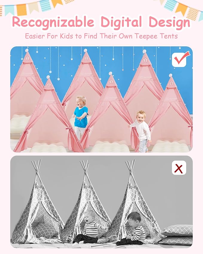 6 Pack Teepee Tent for Kids with Inflatable Airbed Light Toddler Tent Children Room Tents Slumber Party Sleepover Tents Indoor Outdoor Kids Playtent Playhouse for Girls &amp Boys