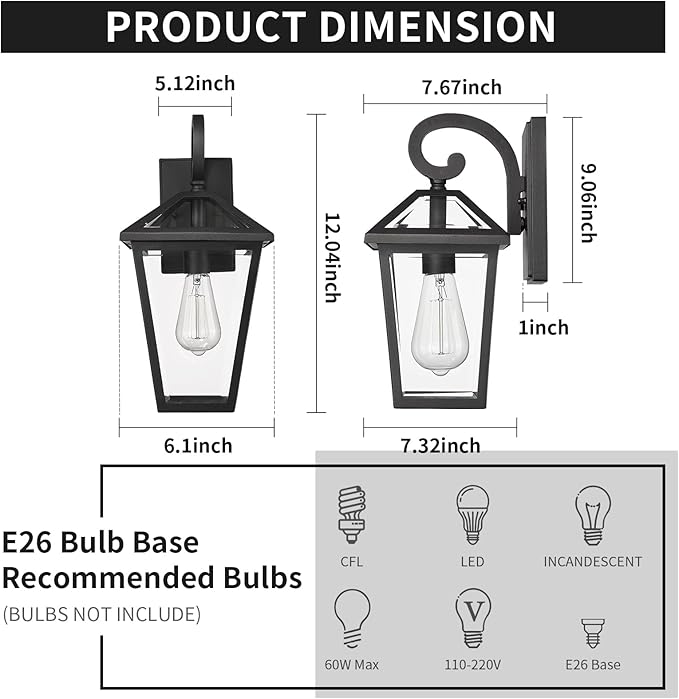 Outdoor Wall Light Fixtures Waterproof Exterior Wall Lanterns with Glass Outside Wall Sconces Front Porch Lights for House Garage Doorway Patio 7H1B-M-2PK BK