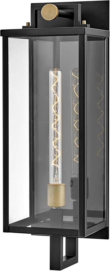 Hinkley Catalina Single Light Wall Mount Outdoor Lantern – Aluminum Clear Glass – Black with Burnished Transitional Accents