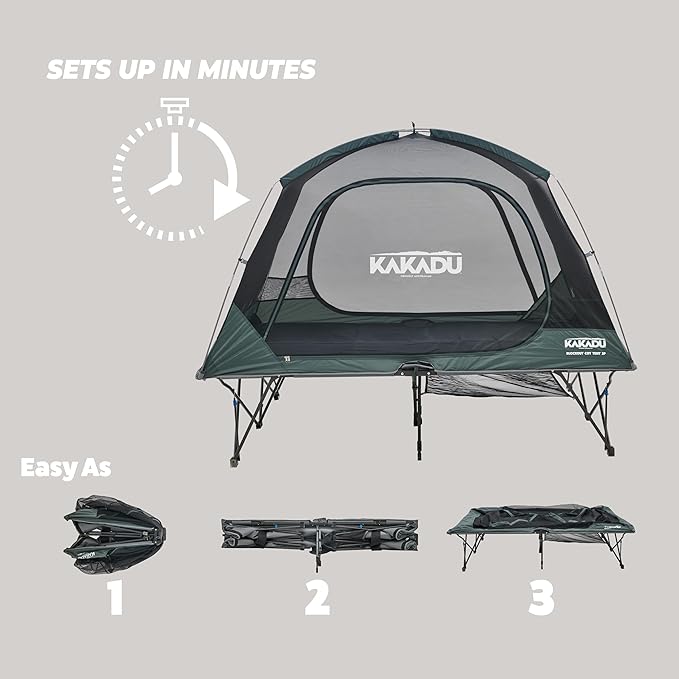 Kakadu Camping Tent Cot 2 Person Quick Setup Folding Compact Elevated Tent with BlockOut Rain Fly Awning Poles Ultra-Fine Mesh Windows and Carry Bag