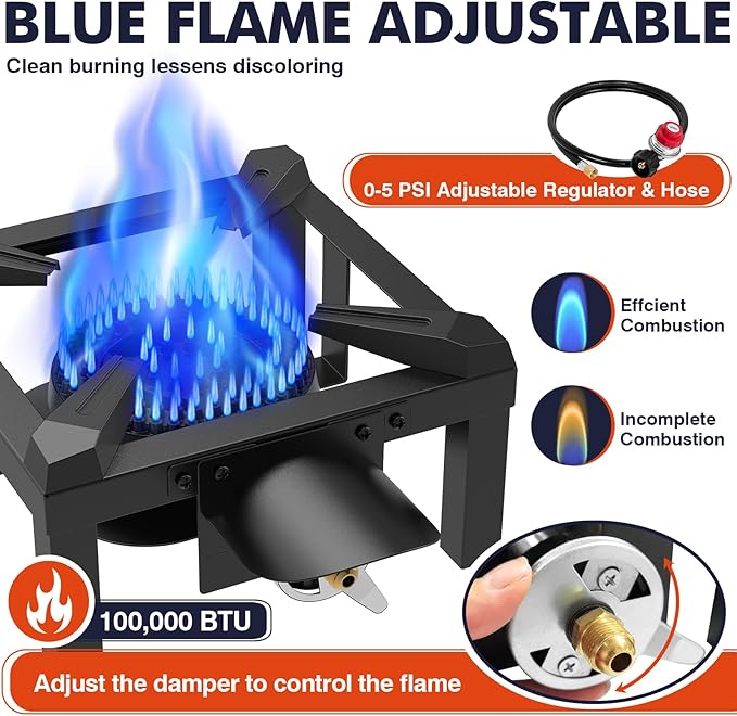 Llamaviva Propane Burner High Pressure 100000 BTUs Single Gas Stove with Water Bag&amp 4.1ft Adjustable Hose with RegulatorPropane Stove for Outdoor Cooking Seafood BoilTurkey Fry
