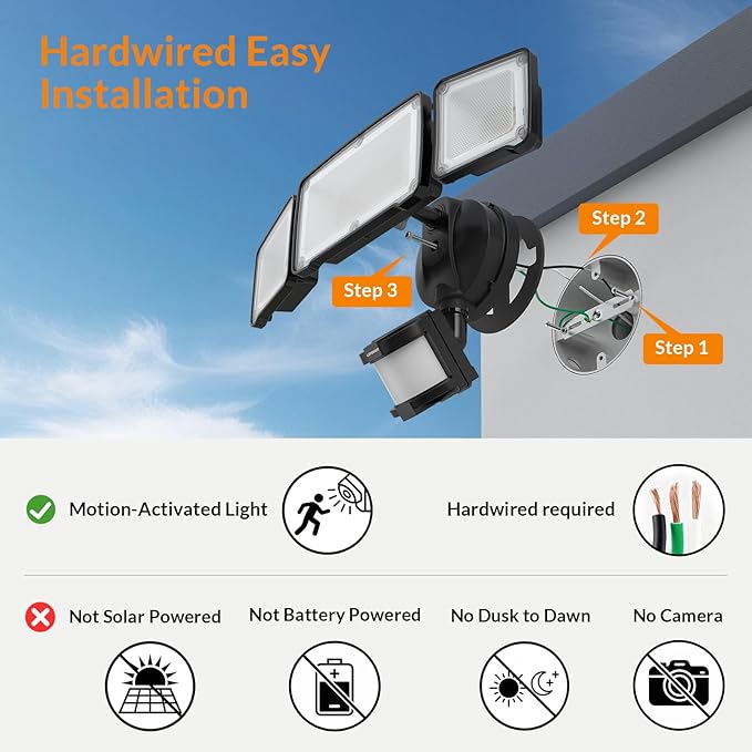 LEPOWER LED Motion Sensor Security Lights 3 Head Motion Detected 38W 4200LM Waterproof IP65 5500K Full Metal for Outdoor Garage Porch Yard (Black)