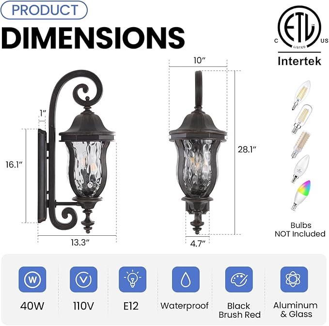Black Brush Red Exterior Wall Sconces 28 H Large Outdoor Wall Light Fixtures with Water Glass Waterproof Outdoor Lights Wall Mount with Decorative Patterns for Porch Front Door