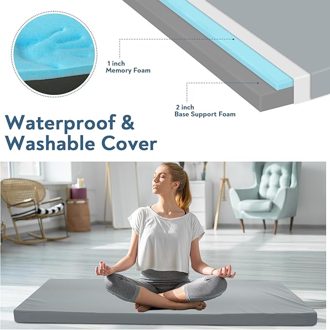 Memory Foam Camping Cot Mattress Pad 3 Inch Thick Sleeping Pad with Waterproof Cover Portable Roll up Cot Mattress Pad Mat for Travel Truck Bed Tent Non-Slip Bottom 72×24×3 Gray