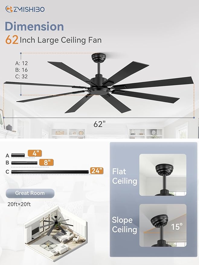 62 Inch Ceiling Fan No Light with Remote Control 8 Blades Quiet DC Reversible Motor 6-Speed Timer Black Finish Indoor Outdoor Ceiling Fans for Patios Living Room Garage