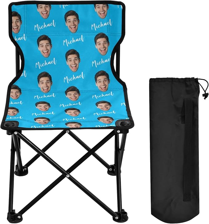 Sinestour Sky Blue Custom Photo Folding Camping Chair for Teen Child Personalized Name 14.6×14.6in Portable Outdoor Chair with Carry Bag for Beach Picnic Barbeques