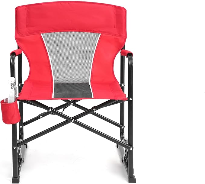 Outdoor Freestyle Rocker Camping Chair Portable Folding Rocking Chair with Solid Armrests Drink Holder Comfortable Backrest Red