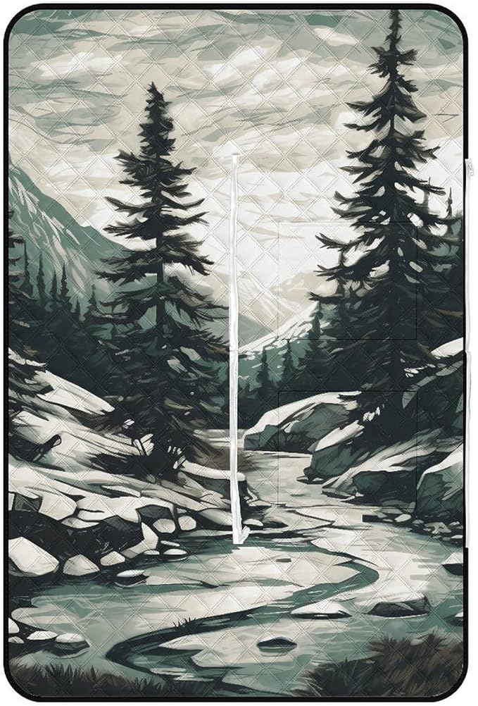 Zipper Hand Drawn Two Pine Trees Style Picnic Mat Suitable for Travel Camping Park Or Home Use