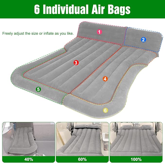Suv Air Mattress Car Mattress Truck Bed Mattress Car Camping Mattress with 6 Separate Chambers Inflatable Car Bed with 2 Pillows &amp Electric Pump Thickened and Double-Sided Flocking (Grey)