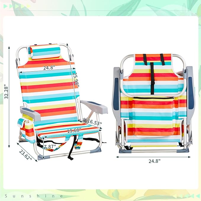 Backpack Beach Chairs for AdultsFolding Heavy Duty Camping Chair with Large Pockets and Cup HolderBeach Lounge Chairs with Towel Rack for OutdoorTravel (Rainbow Stripes)
