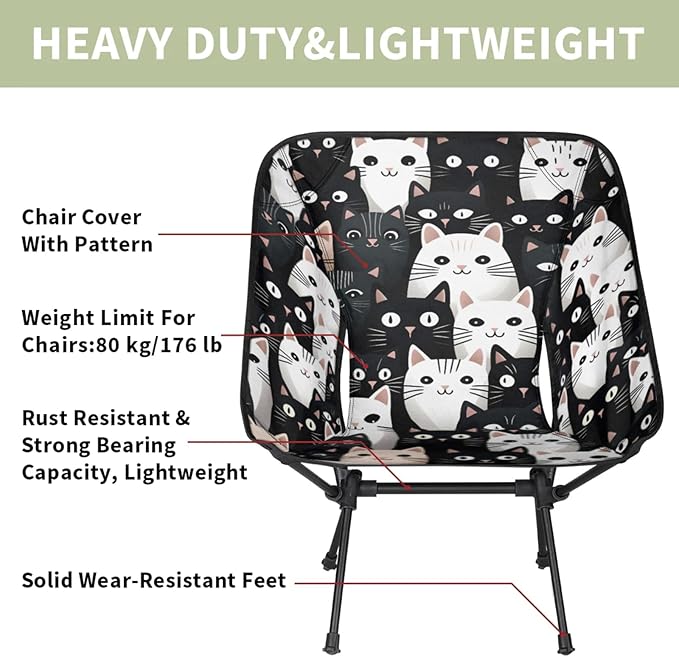 Honeybaby Folding Camping Chair Fancy Cat Pattern Camping Chairs Lightweight Portable Chair Outdoor Foldable Chairs for Camping Travel Picnic Beach Hiking