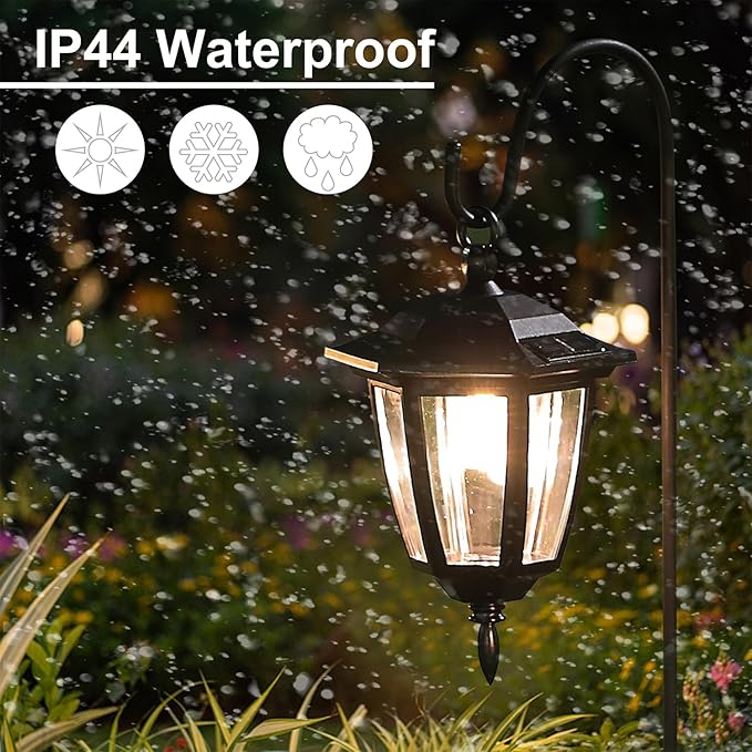 Dynaming 4 Pack Solar Hanging Lights Outdoor Solar Powered Garden Decorative Lanterns with 4 x 38 Inch Shepherd Hooks Waterproof Landscape Lighting for Lawn Patio Yard Pathway Driveway Warm White