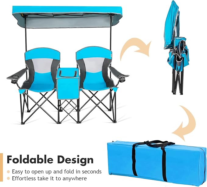 DORTALA Double Camping Chair with Canopy 2 Person Folding Beach Chair with Canopy Shade Table Beverage Holder and Storage Bag Double Rocker Chair Outdoor for Camping Beach Picnic Blue