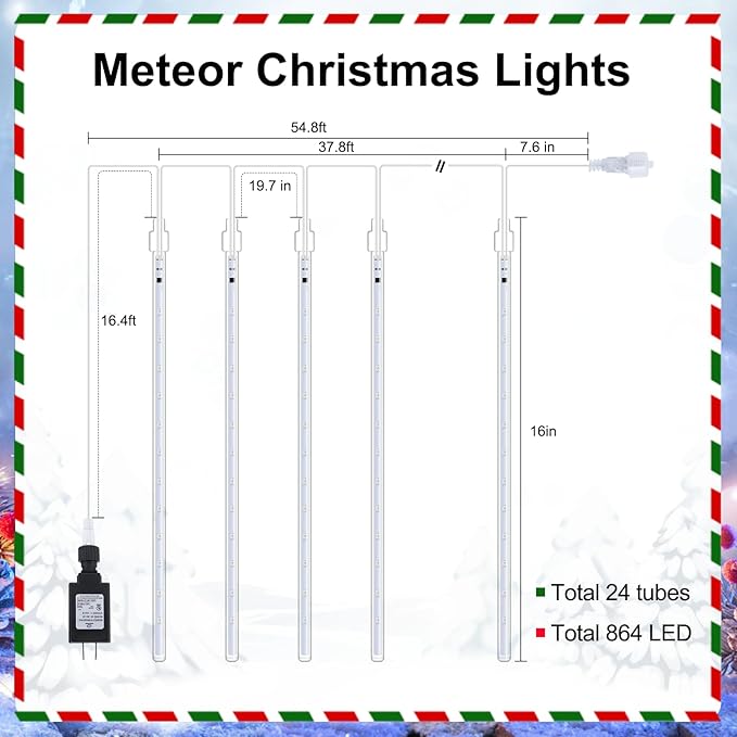 Minetom Meteor Shower Lights Outdoor 16 Inch 24 Tubes 864 LED Icicle Lights Waterproof Meteor Christmas Light Outdoor Falling Rain Light for Tree Bushes Holiday Christmas Decoration Multicolor