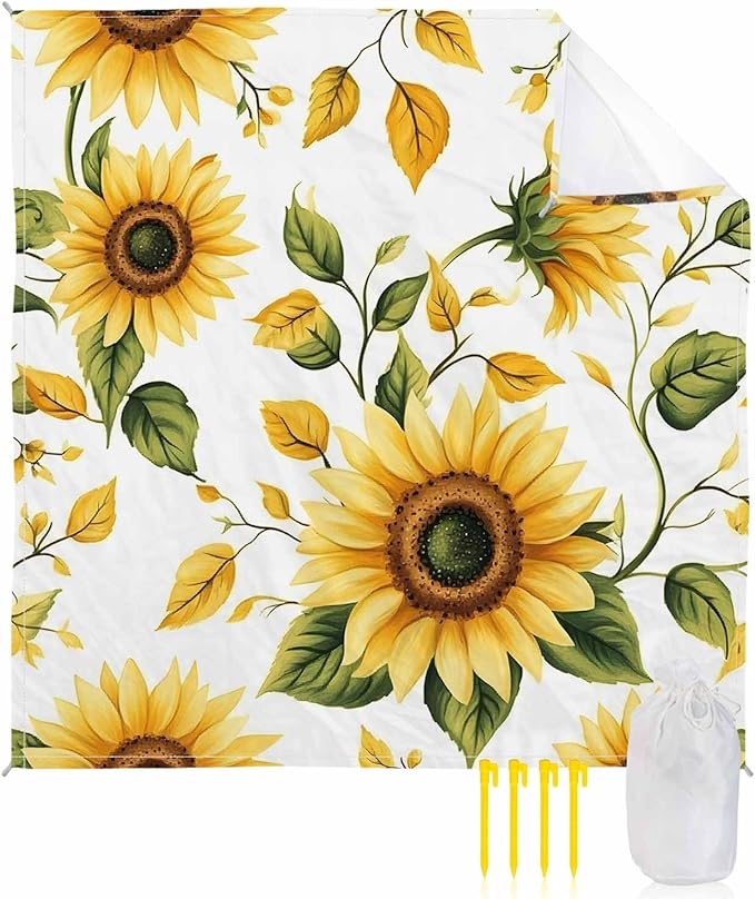 Beach Blanket Waterproof Sandproof Picnic Blanket 108x84 Foldable Beach Mat with Sunflower Watercolor Spring Flowers Pastoral Pattern for Camping Park Grass Beach Travel