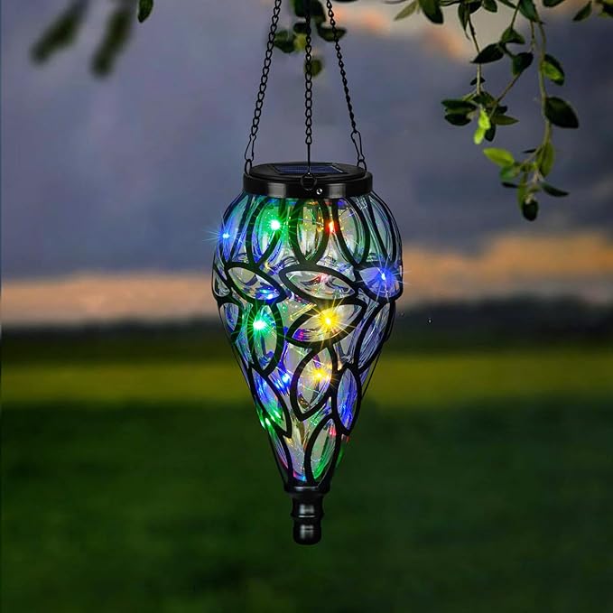 Solar Hanging Lantern Outdoor Lights Tear-Shaped 15 LEDs Multi-Color Hanging Lights with S Hooks Decor in Garden Yard Pathway Front Door and Landscape