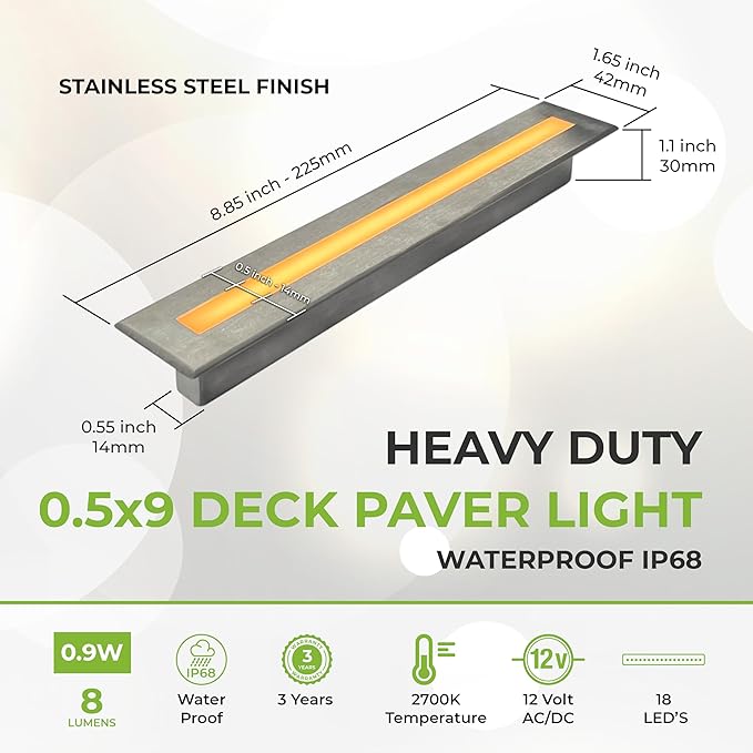 LUMENGY Deck Liner LED Light 0.5x9 Inch 2700K Warm White 12V Low Voltage IP67 Waterproof for Wood and Composite Decks and Patios Brown Stainless Steel Finish