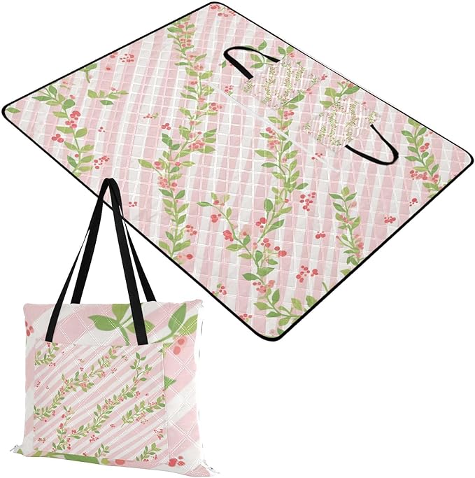 KLL Pink Green Stripe Pattern with Flowers Waterproof Beach Mat Cute Picnic Picnic Accessories Outdoor for 8 To 10 Adults Summer Gift cojines para picnic