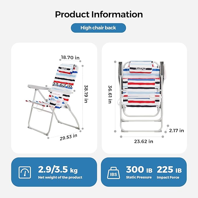 SUNNYFEEL Portable Beach Chair High Back Folding Beach Chair Lightweight Camp Chair with Reclining Position Backpack Lounger for Beach Camping Lawn Outdoor Red Blue White Striped