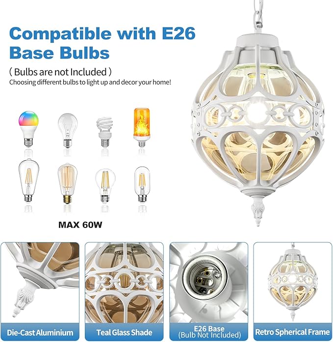 Dusk to Dawn Globe Outdoor Pendant Lights White Porch Hanging Lantern Pendant Lighting Outside Aluminum Waterproof Adjustable Ceiling Light Vintage Amber Glass Exterior Chandelier
