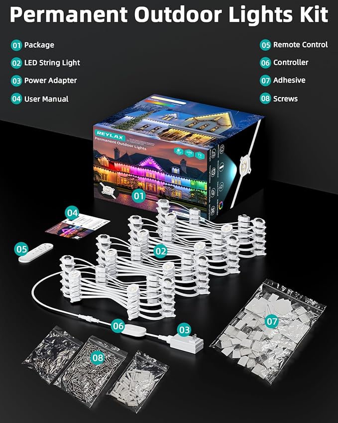 REYLAX Permanent Outdoor Lights Pro 100ft with 72 Triple-LED 135lm RGB+IC Smart Eaves Christmas Lights for House IP67 Waterproof Multi Scenes for Outdoor Decor Works with Alexa Google Remote