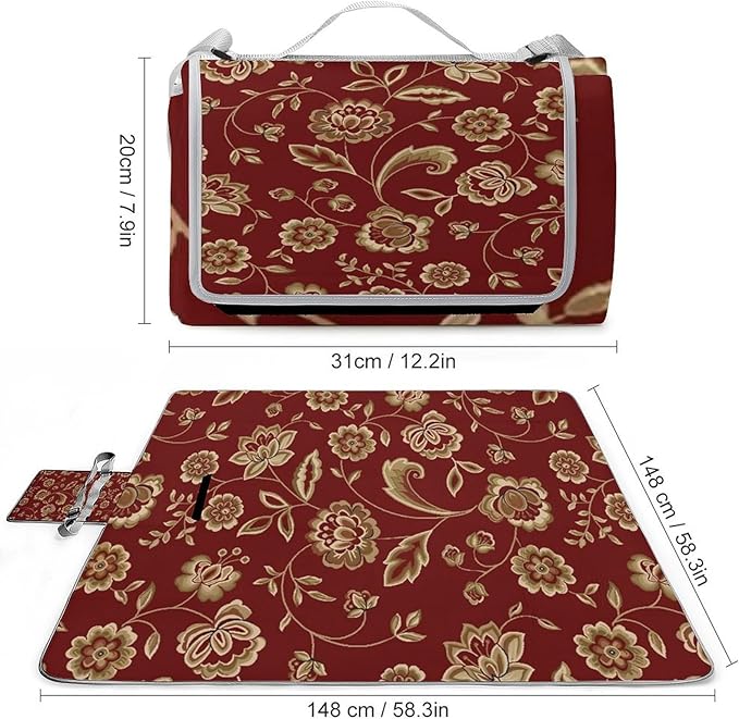 Flower Maroon Gold Floral Classy Burgundy Antique Waterproof Outdoor Picnic Blanket Sandproof Beach Mat for Camping Hiking Grass Travelling