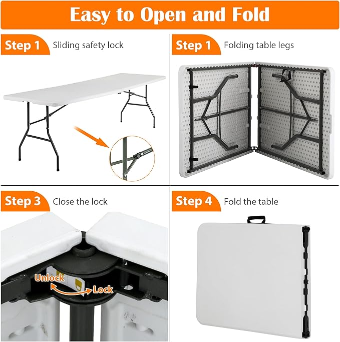 8 Foot Folding Table Portable Outdoor Folding Table Camp Table with Built in Handle &amp Steel Legs Heavy Duty Plastic Foldable Table Picnic Table 8ft Table Party Table Easy to Carry and Storage