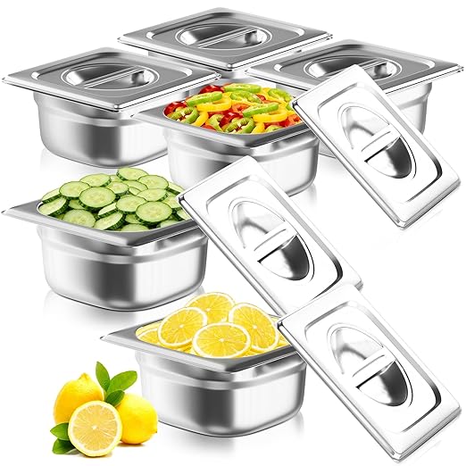1/6 Size Commercial Hotel Pans 4 Deep (6 Pack) 0.7mm Stainless Steel Steam Table Pans with Lids Deep Food Storage Containers for Prep Stations Condiments &amp Multi-Use Anti-Jam Lug