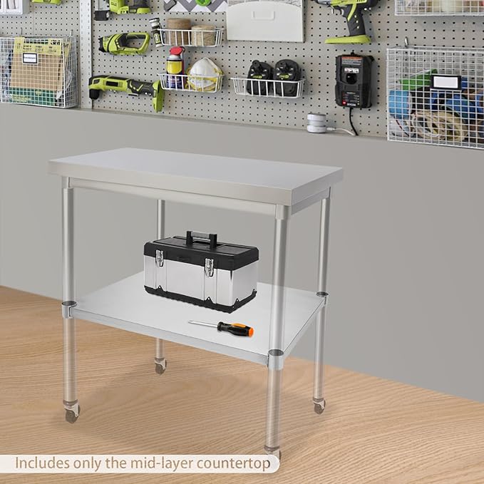 Eapmic Undershelf for Work Tables Adjustable Lower Shelf Stainless Steel Bottom Shelf Add for Commercial Prep Table Restaurant Kitchen Bakery Garage Workshop Use (27.95x21.65in A)