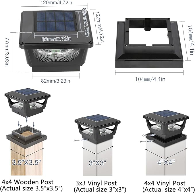 Sumaote Solar Post Cap Lights 120 Lumen 3000K Warm White LED for 3x3 Metal/Vinyl &amp 4x4 Wood Posts IP65 Waterproof Outdoor Garden Fence Deck Lighting Dusk-to-Dawn Auto On/Off (6 Pack)